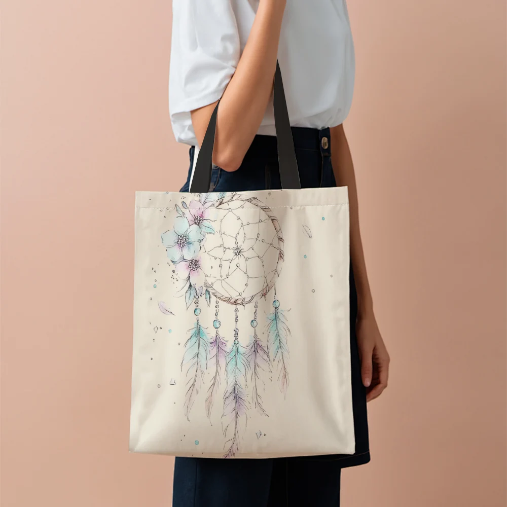 1Pc Bohemian Dream Catcher Tote Bag Abstract Floral Feathers Shopping Bag Vintage Medallion Shopping Bag