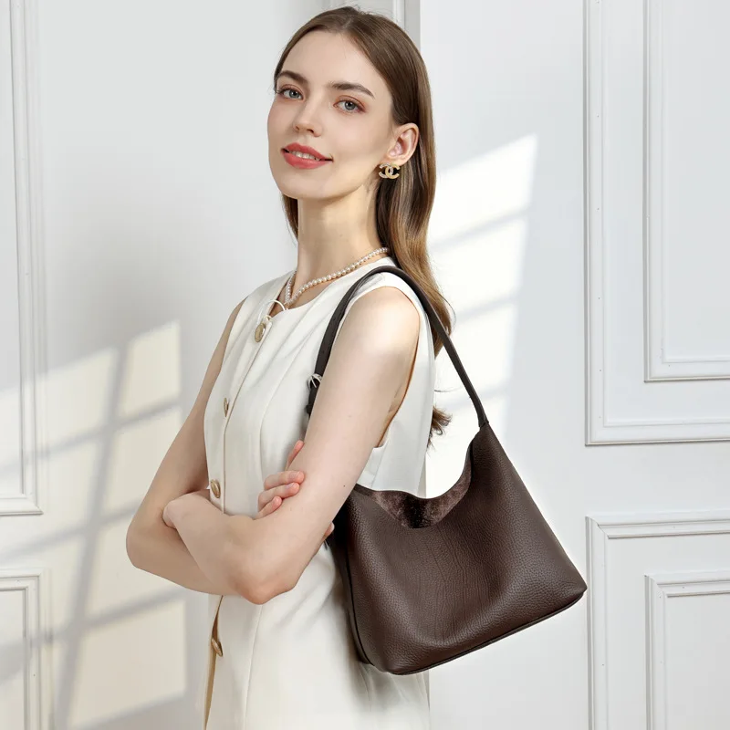 Genuine Grade Cow Leather Women's Shoulder Crossbody Purse Bag Luxury Designer Ladies Fashion Bucket Bag Cowhide Female Tote New