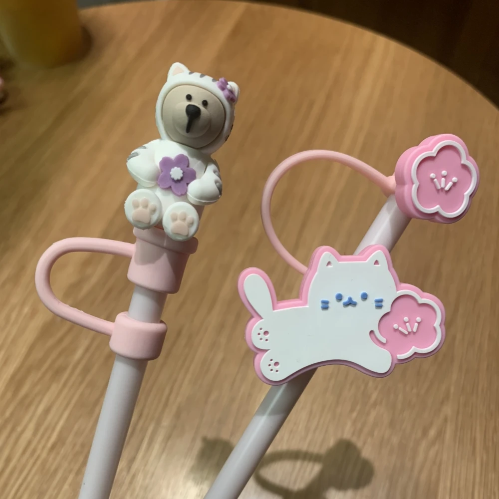 Cute Bear Straw Cover Pink Dust Cap Silicone Straw Toppers  Tumbler Cup Accessories For 7-8mm Straw