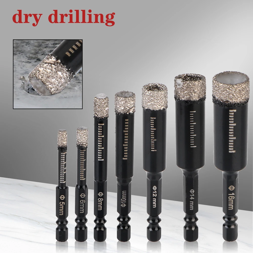 

Brazed Dry Drill Bit 5/6/8/10/12/16mm Hexagonal Shank Drill For Marble Brick Ceramic Granite Glas Hole Opener Opening Hole