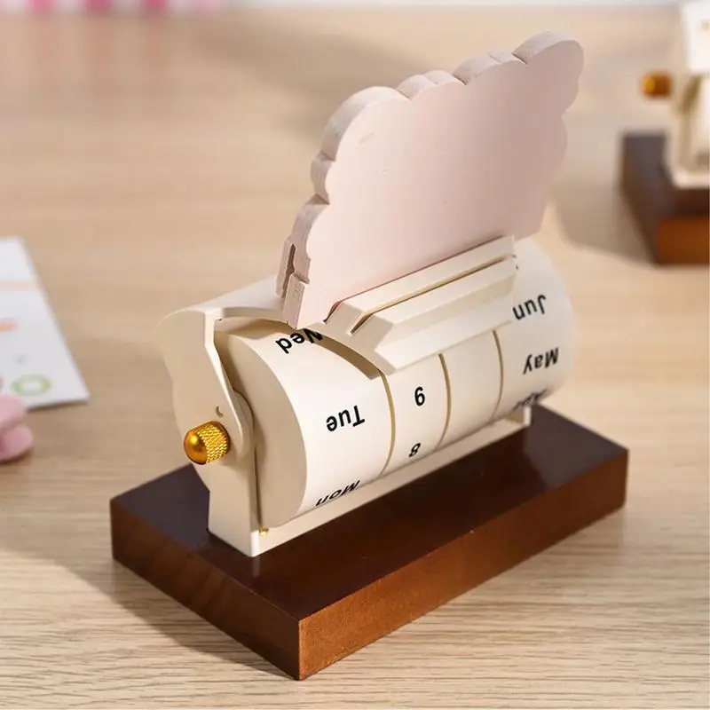 Novel Rotary Perpetual Calendar For Desk Wooden Wheeling Calendar Month Week Day Date Display Ornaments Office Decor Desk Access