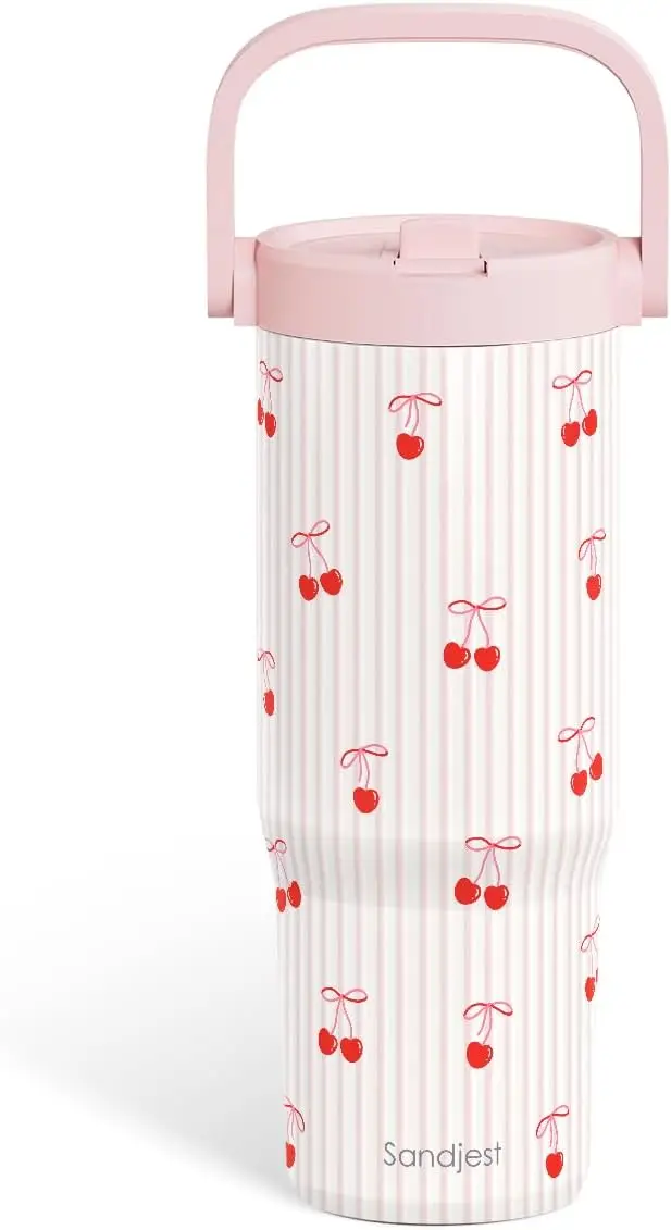 

Термокружка Cherry из нержавеющей стали с крышкой, 30 унций, с ручкой для переноски, для женщин и девушек, стильная, изолированная, для путешествий