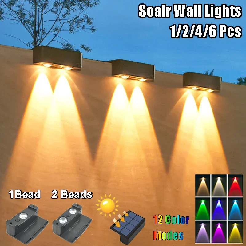 1/2/4/6 Pcs Solar Outdoor Wall Light Garden Decoration Lights 12 Colar Modes Adjustable Courtyard Fence Exterior Wall Lighting