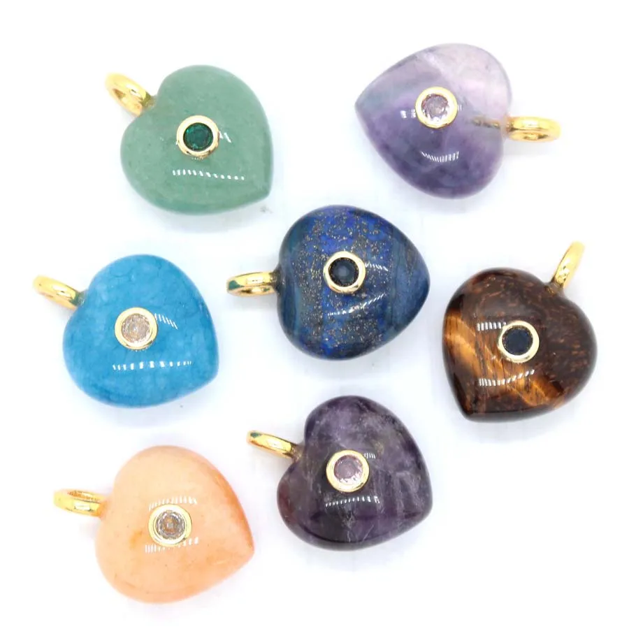 Charms Natural Healing Crystal Heart Stone Pendants Inlay Zircon For Women Amethyst Rose Quartz Choice DIY Neckalce Jewelry