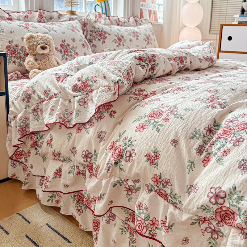 INS 3pcs Printed Home Duvet Cover Set with 2Pillowcases Soft Washed Cotton Bedding Set Ruffles Comforter Covers for All Season