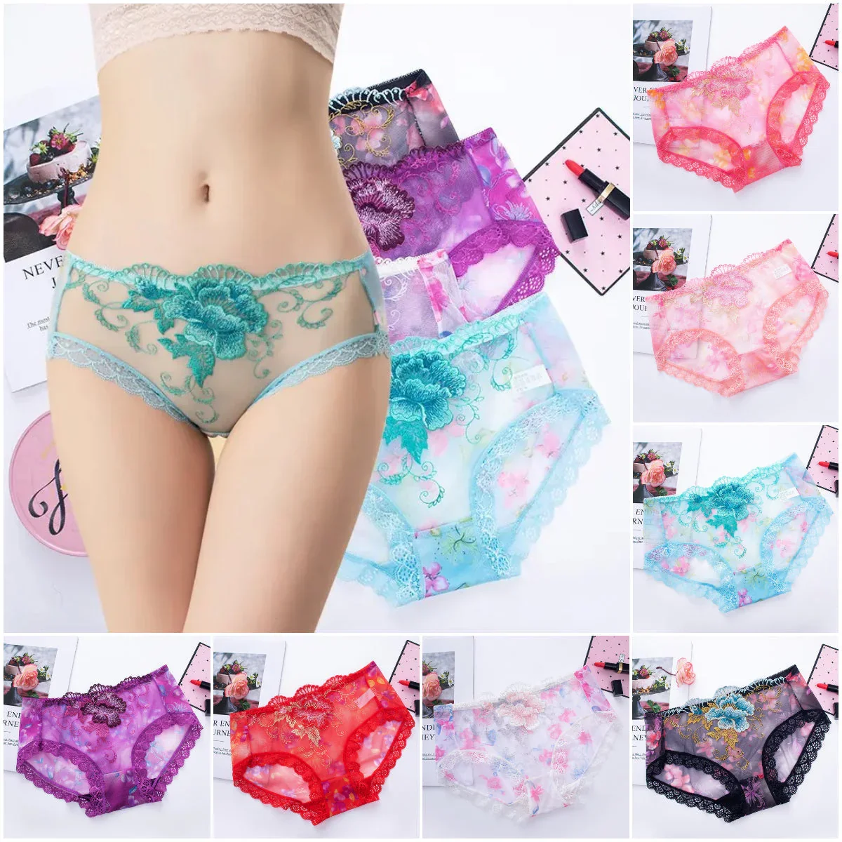 

7pcs Womens Antibacterial Cotton Panties Sexy Lace Embroidery Mid Waist Seamless Transparent Mesh Hot Bikini Tempting Underwear