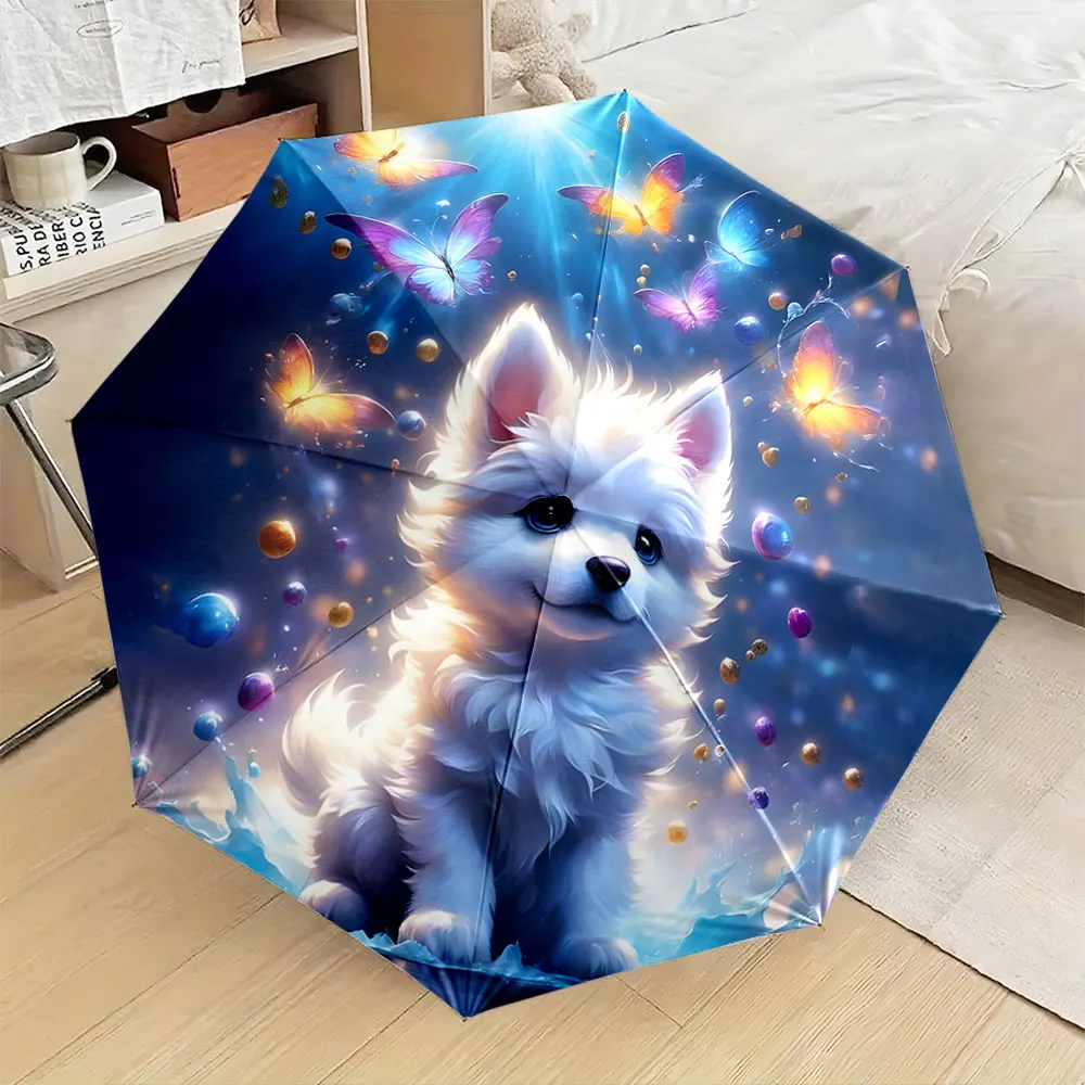 1PC Whimsical umbrella with a puppy surrounded by colorful butterflies 8 Iron Ribs Folding Umbrella Auto-Open Fashion Sunshade