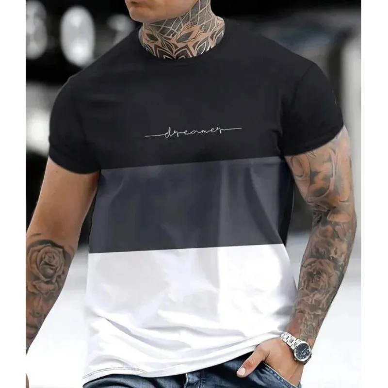 Men's Patchwork Letter Print 3D T-shirts Fashion Cool Daily T shirt Casual Personality Outdoor Short Sleeve Tops Summer Clothing