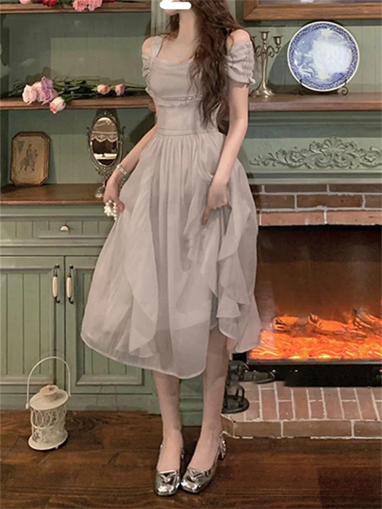 Korean Casual Midi Dress for Women 2023 New Summer Fashion Elegant Off The Shoulder Folds Ruffle Female Clothes Birthday Dress