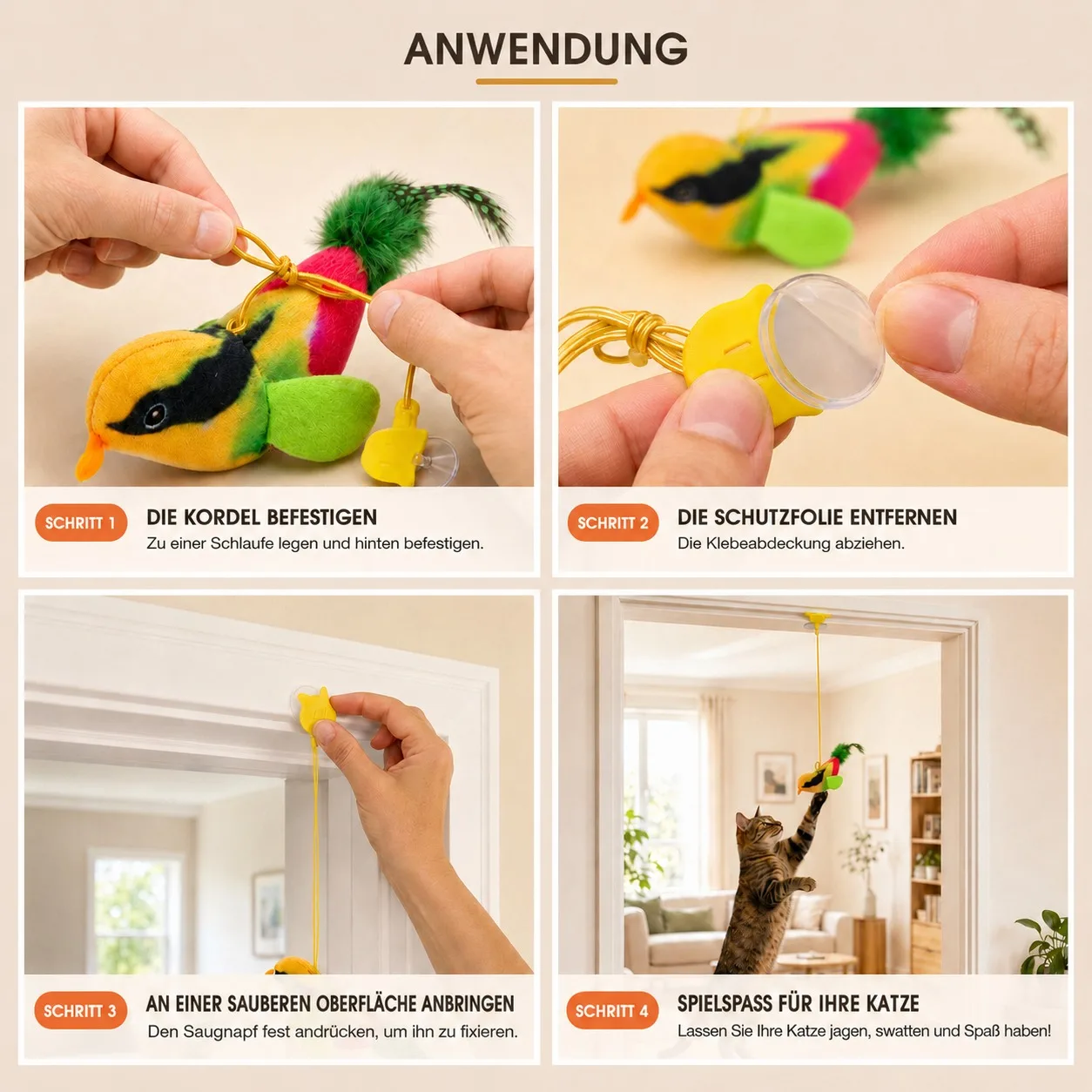 Interaktives hängendes Katzenspielzeug Vogel-Teaser mit elastischem Seil, Sound und Katzenminze, wandmontiertes Indoor-Spielzeug für Katzen und Kätzchen zum Jagen und Spielen – Detail 9
