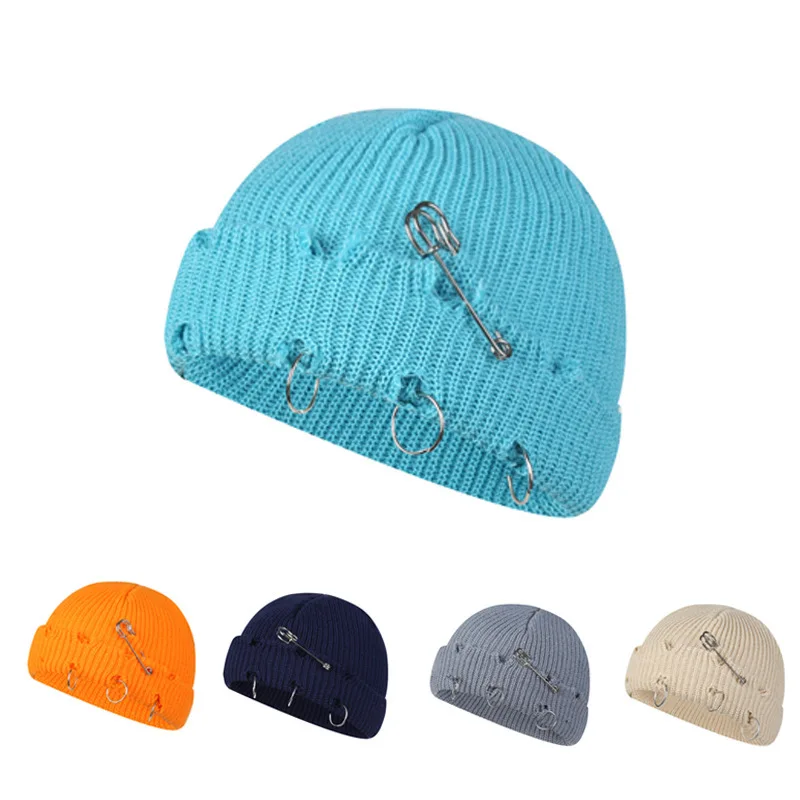 Modische Damen-Wintermütze, warme Strickmütze, 3 Metallring-Schnallenmütze, coole, reine Hip-Hop-Hüte für Damen