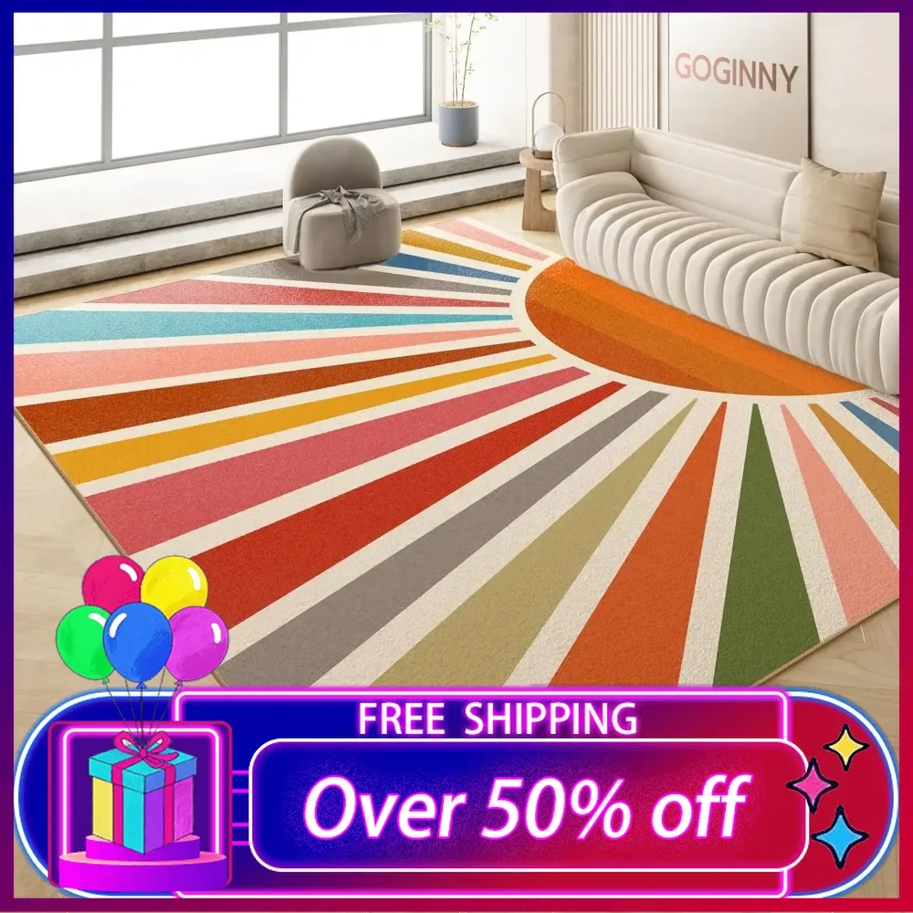 

8x10Rainbow Sun Modern Boho Large Area Rugs,Thin Low Pile Lightweight Soft Indoor Floor Carpet for Bedroom Kid Nursery Play Room