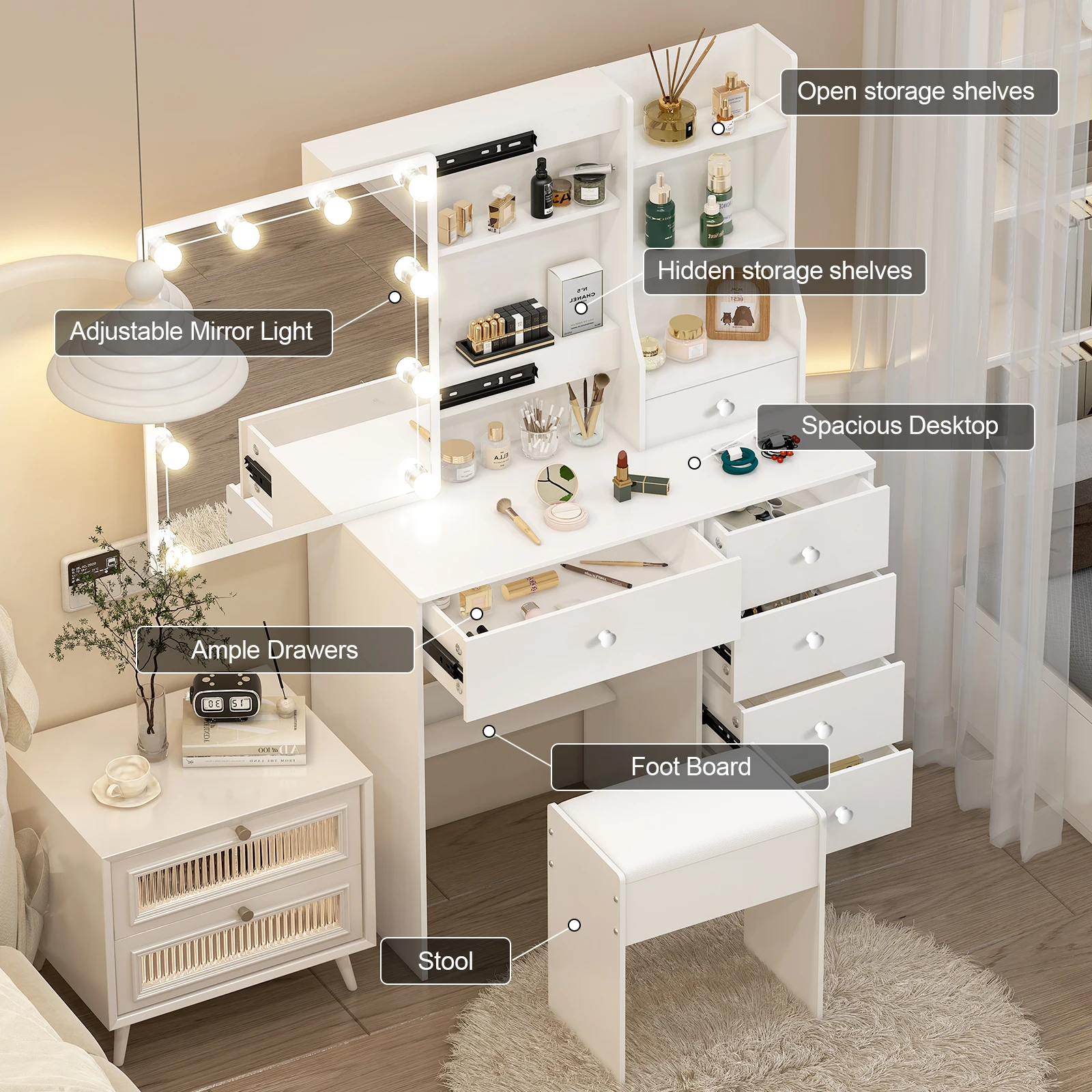 طاولة زينة خشبية أنيقة مع مرآة مضيئة: 3 أوضاع قابلة للتعديل وأدراج وتخزين #2