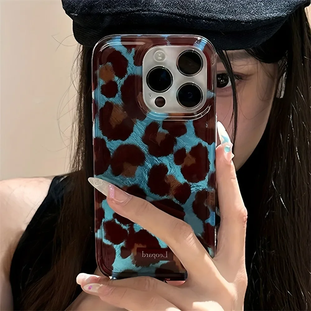 Y2K Fashion Smudge Leopard Print Phone Case For iPhone 17 16 15 Pro Max 14 13 12 11 Xr XsMax Mini Air 78 Plus Simple Laser Paper
