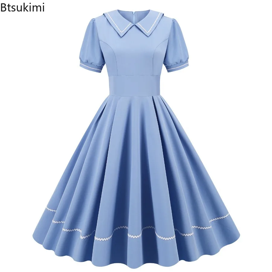 

2025Women's Vintage Style Sailor Collar Short Sleeve High Waist Swing Dresses Elegant Blue Evening Gowns Pleated Dress for Women
