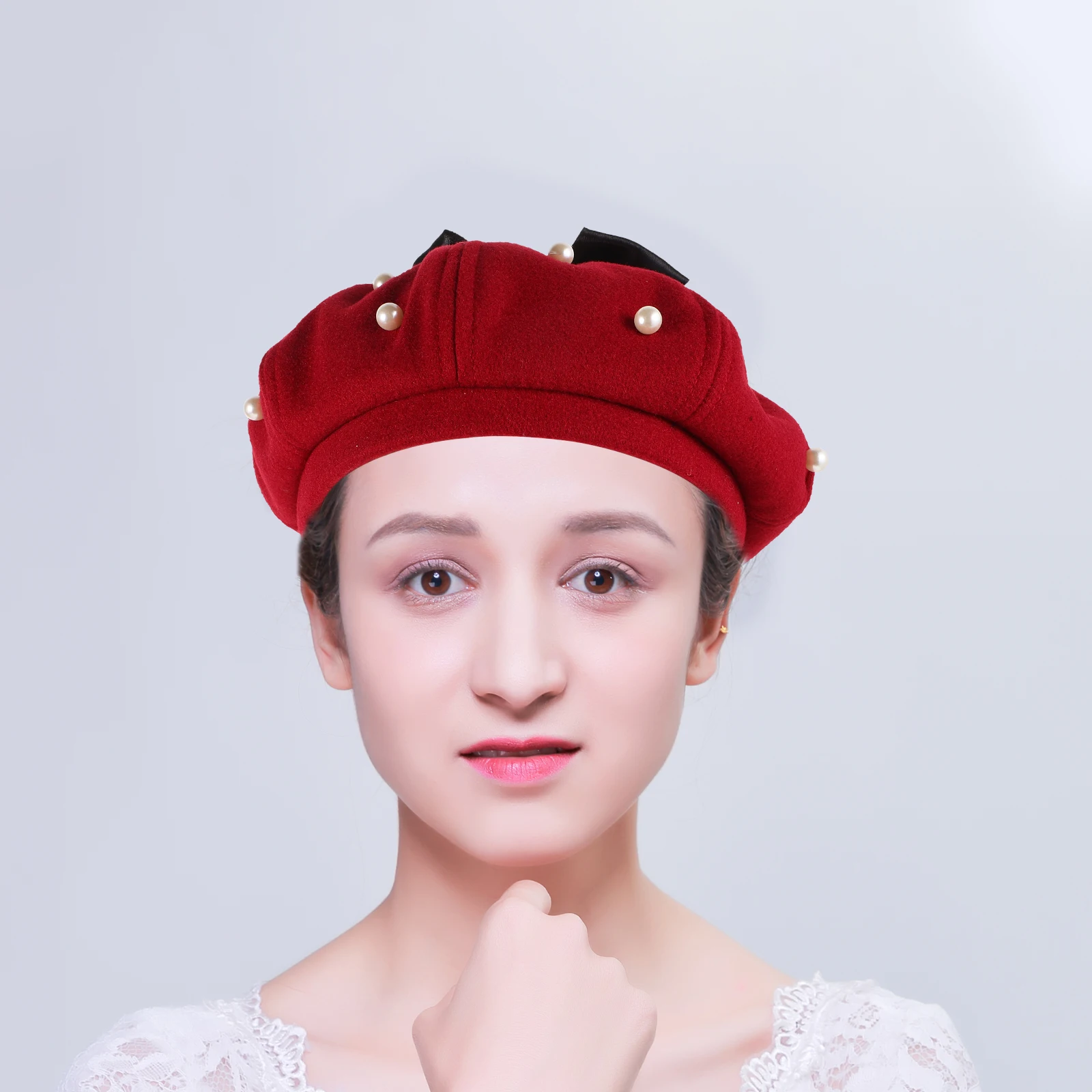 

Women'S Red Pearl Beret Hat Bowknot Classic Vintage Octagonal Cap Soft Comfortable All-Day Wear Stylish Elegant Versatile