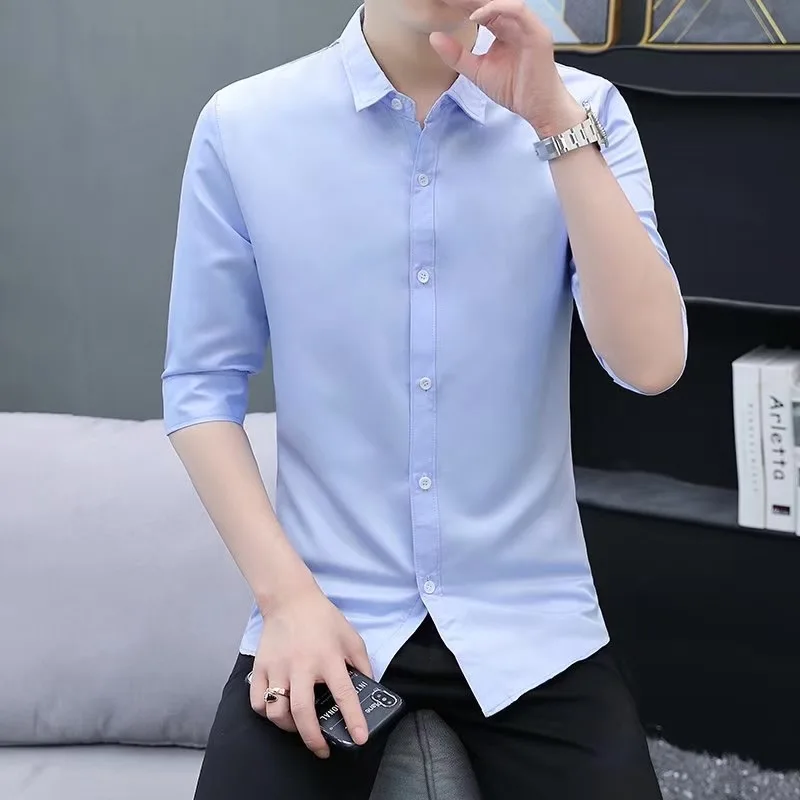 

Men's Ice Silk Short Sleeve Shirt Slim Fit Casual Lightweight Summer Business Style Seven-Foot Sleeve Commute Shirt