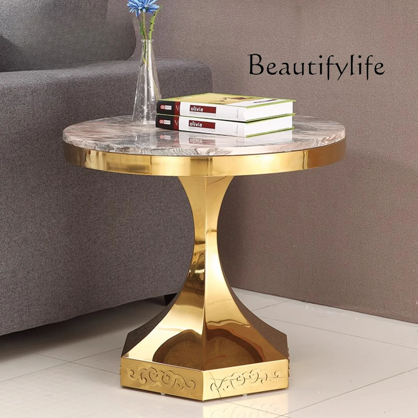 N45 Stylish simple Marble dining table stainless steel corner table creative casual  hotel round table designer
