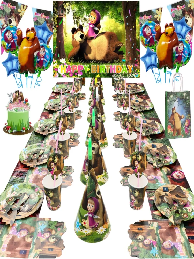 

High Quality Mashas Birthday Party Balloons Disposable Tableware Bear Party Supplies Horn Hat Paper Bag Cup Baby Showers Charm