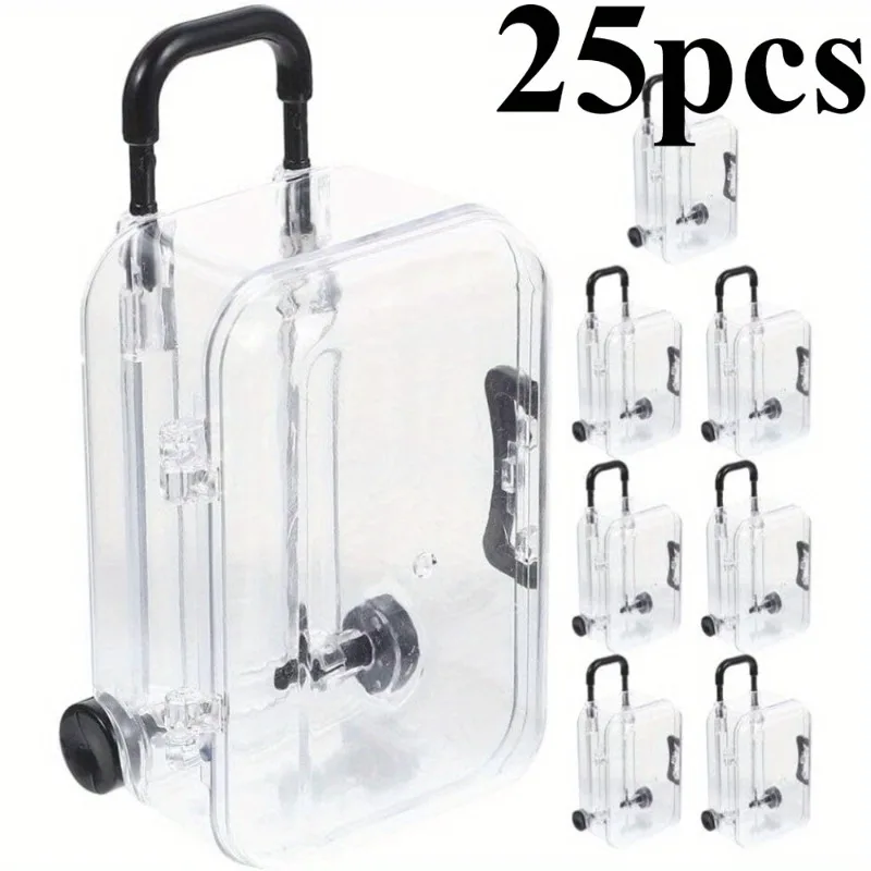 25pcs Mini Transparent Suitcase with Extendable Handle Oval Plastic Storage Boxes for Jewelry Candy Party Favors Christmas Gift