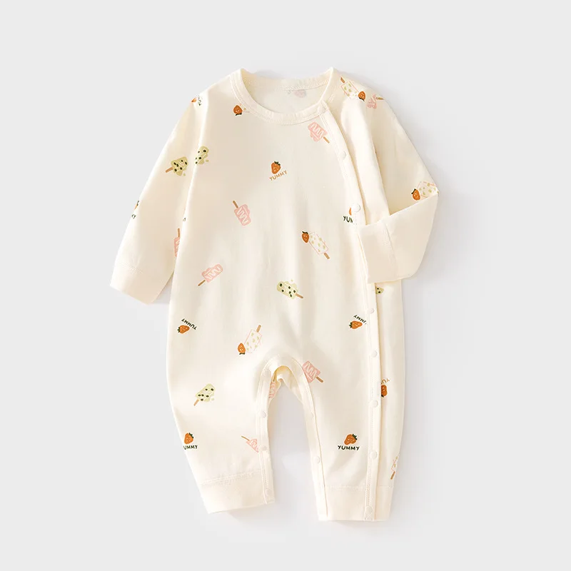 Baby Jumpsuit Baby Newborn Boneless Spring and Autumn Pure Cotton Romper Men and Women Baby and Infant Partial Open Romper
