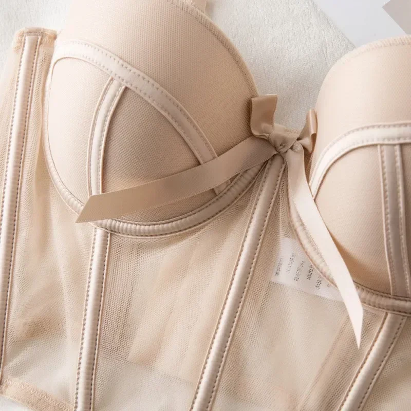 Lace Bra Sexy Mesh Underwear Women Hollow Out Shape Half Cup Soft Bralette Anti-sag Push Up Bow Thicken Women Underwear Set