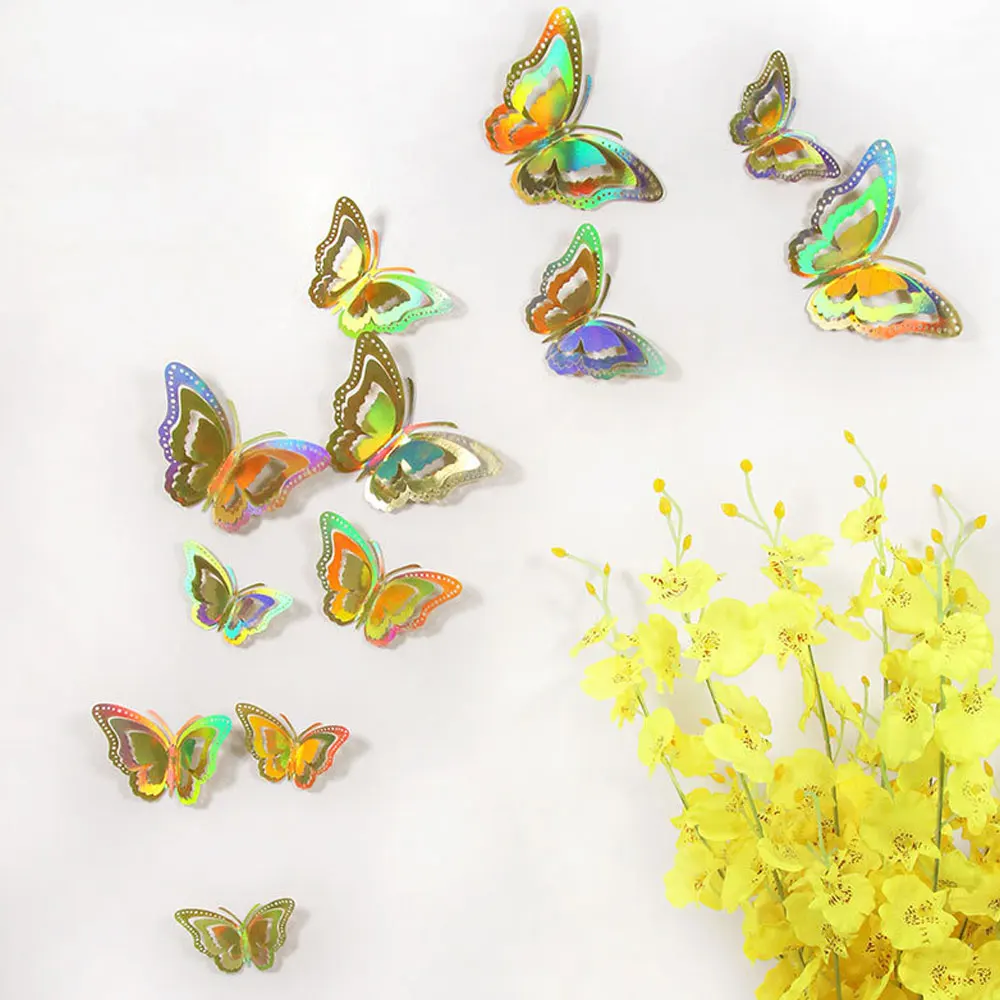 12pcs/set Gradient Hollow 3d Butterfly Wall Sticker for Wedding Decoration Living Room Gold Silver Butterflies Window Home Decor