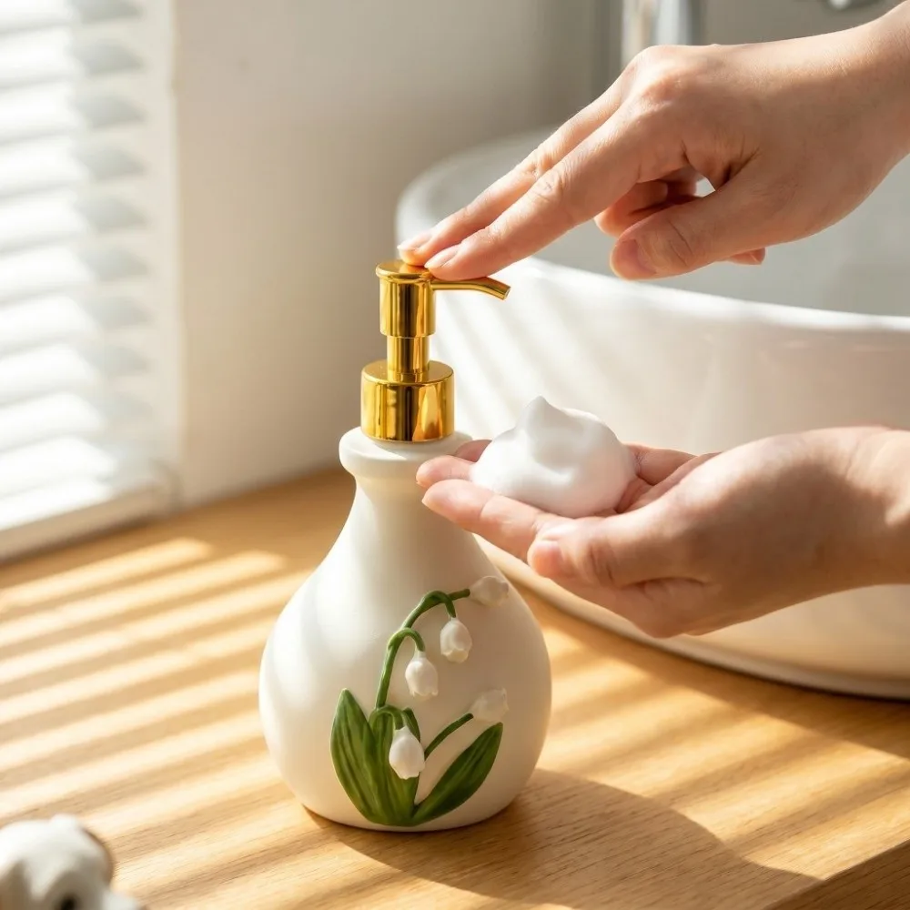 French 3D Floral Resin Soap Dispenser Freestanding Vintage Bellflower of the Valley Embossed Bottle Decor Elegant