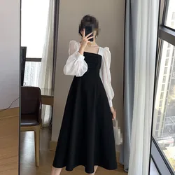 Casual Long-Sleeved Black Chiffon Skirt Temperament Dress Spring Autumn Patchwork Square Collar French Skirt Vintage Gauze Skirt