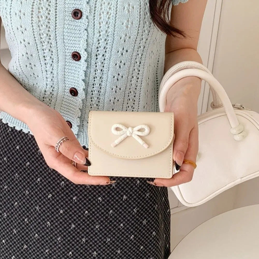 INS Casual PU Leather Short Wallet Large Capacity Portable Cash Bag Bowknot Dopamine Color Card Holders Female Girl