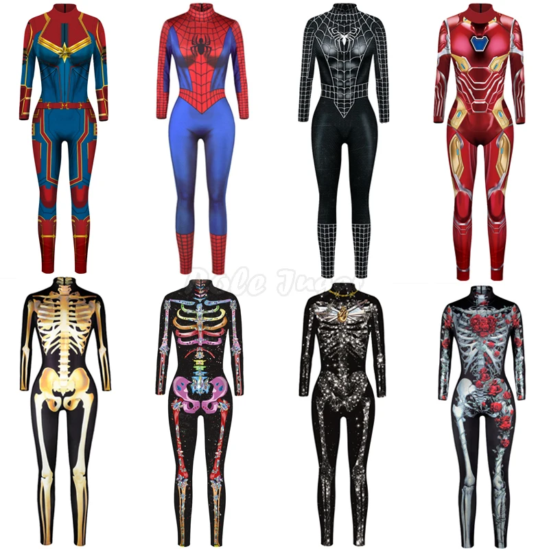 10 Style Sexy Spiderman Iron Man Bodysuit Cosplay Costume Women Girls Slim Print Jumpsuits Superhero Halloween Party Tights