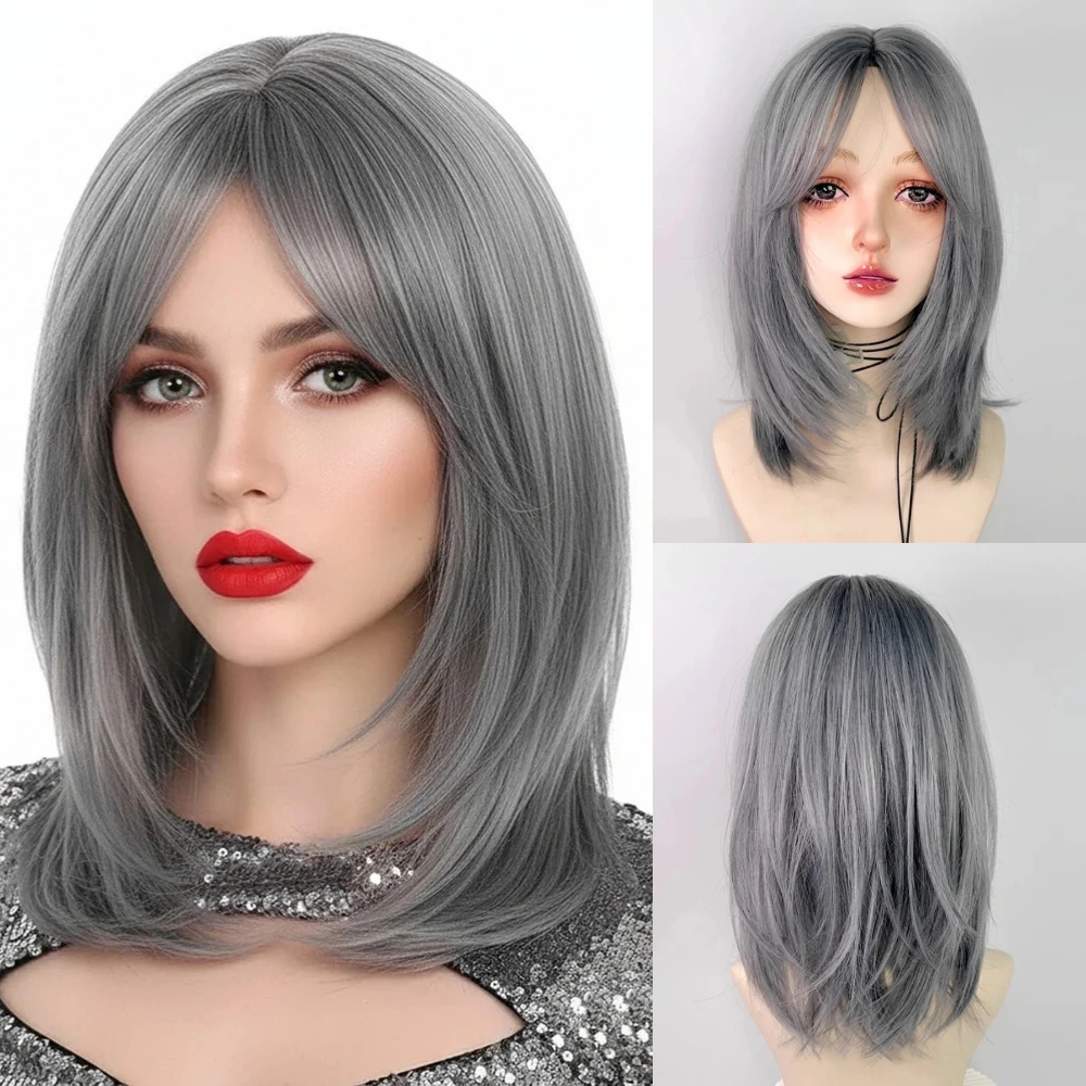 

VICWIG Short Grey Synthetic Women Straight Wigs Middle Part Lolita Cosplay Natural Fluffy Hair Wig for Daily Party