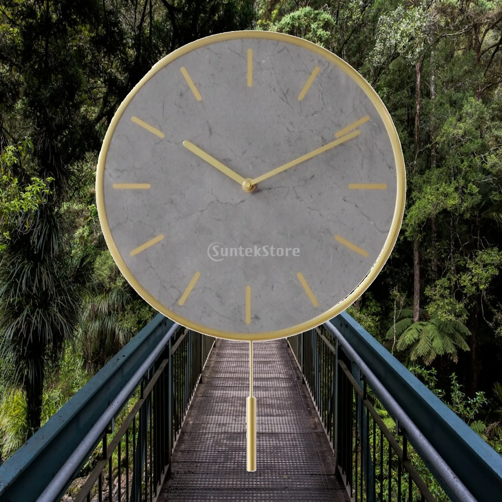 Quiet Stone Slab Wall Clock with Cylindrical Pendulum for Kitchen Living Room Modern Gold Accent Style