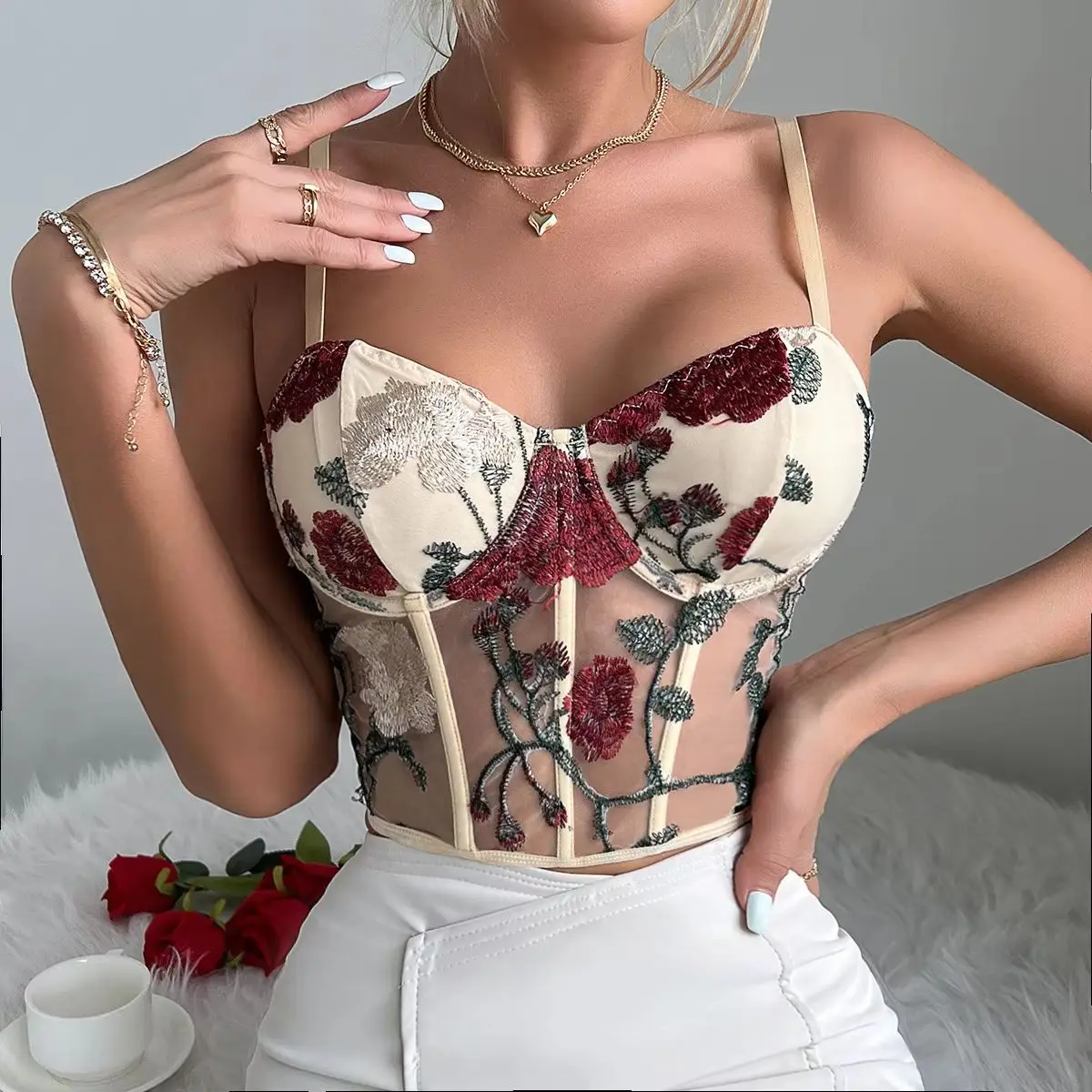 

Embroidery Floral Mesh Corset Crop Tops Vintage Sexy Sleeveless Boned Sling Bustier Tank Top Summer Women Lingerie Slim Camisole