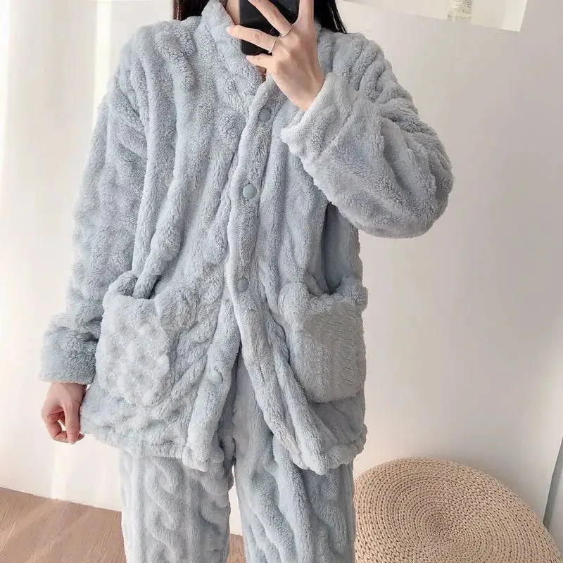 Autumn Winter Warm Flannel Women\'s Pajamas Set Long-sleeved Tops+Pants 2Pcs Suit Female Soft Coral Sleepwear Thick Home Wear