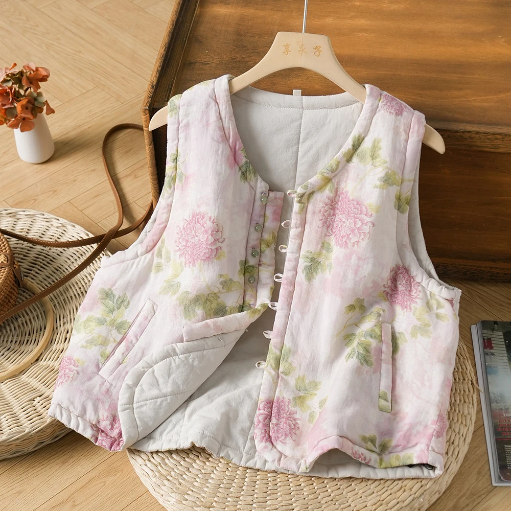 

High-End Anti-Aging Large Size Artistic Print Cotton Vest Thickened Warm Outerwear Autumn Winter Fashionable Casual Top