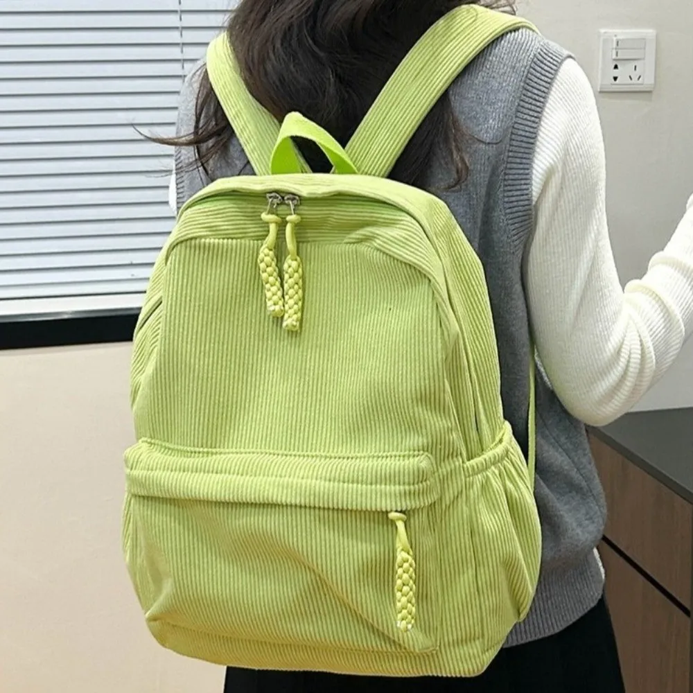 Lightweight Corduroy Backpack Large Capacity Japanese Style Students School Bag Adjustable Shoulder Straps Solid Color