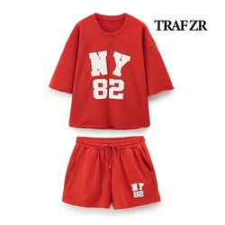 TRAF ZR Loose Shorts Sets for Women 2 Pieces Holiday Outfits Kpop Basic Top O-neck Half Sleeve Tee Female Hot Pants Preppy Style