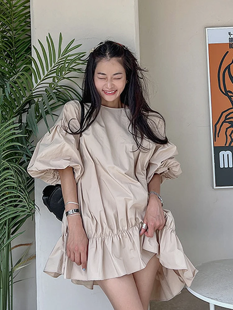 Chic Summer round Neck Bubble Sleeve Drawstring Hem Casual Loose Short Dress City Commute Style Doll Dress Young Women's Fashion