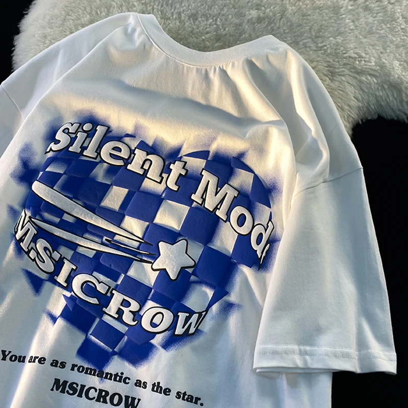 Vintage Checkerboard  Foam Letter Print Love Heart Short Sleeve T-shirt Men Women Summer Loose Hiphop Y2k Top Ins Tees ...