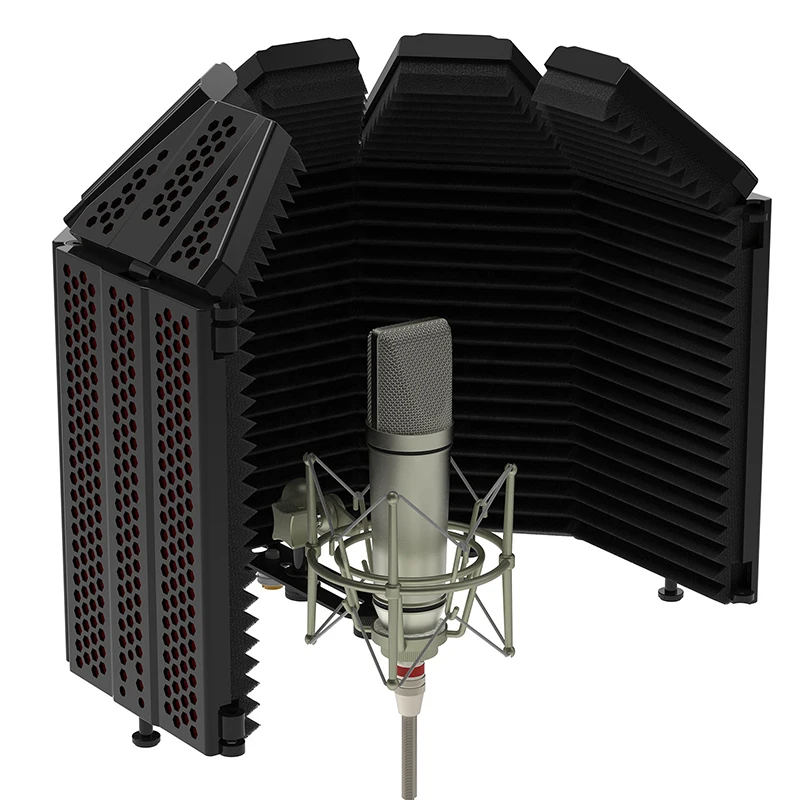 Professional Microphone Isolation Shield Recording Studio Foldable Microphone Soundproof Enclosure with Desktop/Landing Stand