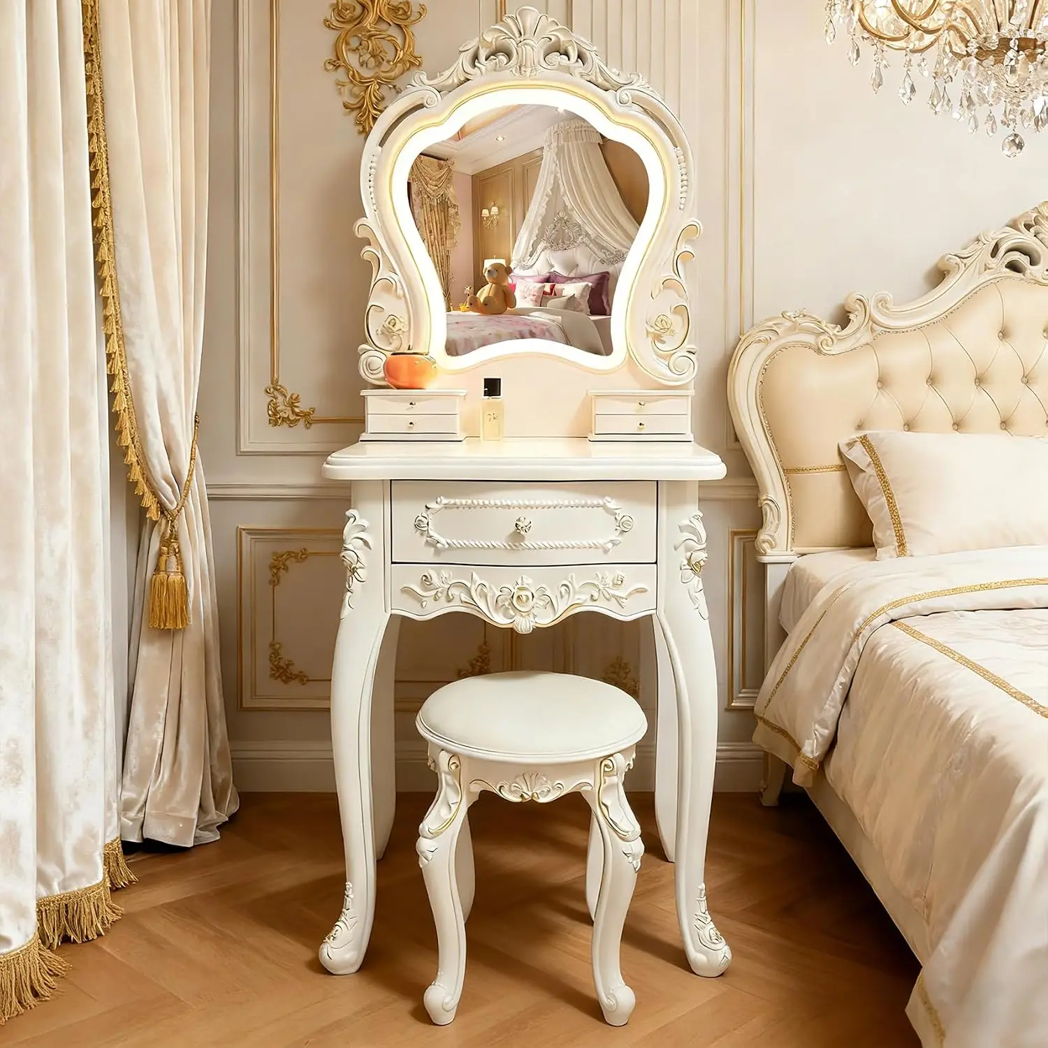 Vintage Vanity Desk with Mirror and Light, Princess Vanity Adult with Cushioned Stool, Luxury Vanity Desk Vintage Style (A, 24