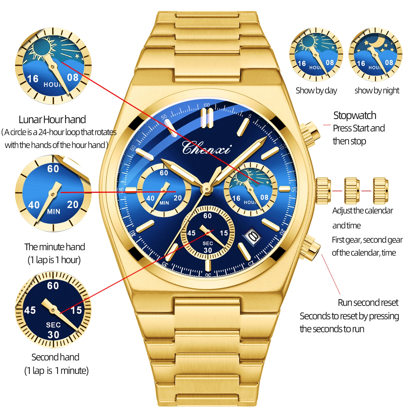 CHENXI Original Luxury Watches For Man Multifunctional Chronograph Date Quartz Men's Clock Business Stainless Steel Gold Watch