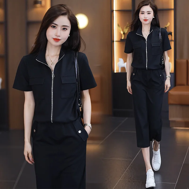 Casual Sports Suit Skirt Women\'s Summer New Loose Slimming Work Clothes Style Short Sleeve Skirt Two-Piece Suit Fashion