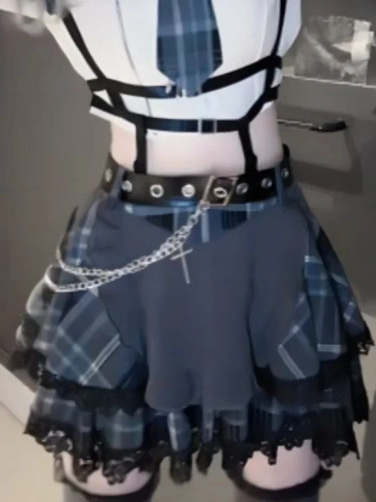 Women Plaid Tie Ruffle Lace Trim Crop Top High Waist Skirt Buckle Chain Harajuku Dark Sweet Fashion Outfit Jirai Kei 2 Piece Set