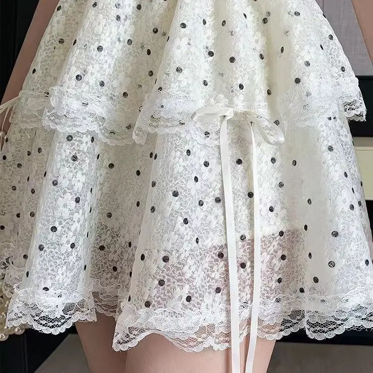 

Юбка-полка с кружевом в горошек и поясом-завязкой, женская летняя, с завышенной талией, стройнящая, универсальная, А-силуэт, пышная короткая юбка