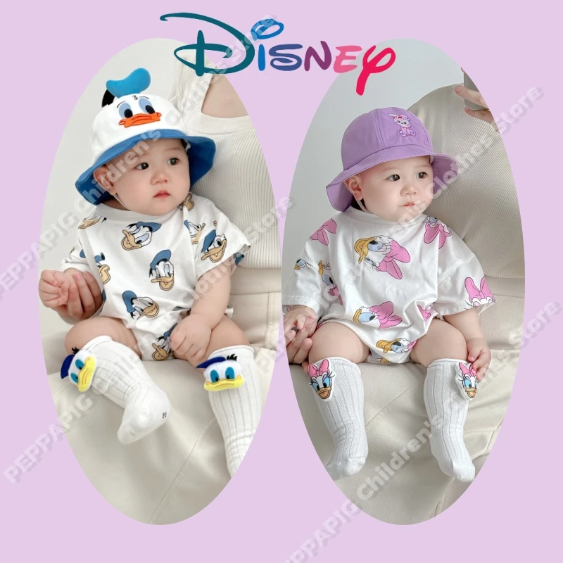 Disney Cartoon Daisy Donald Duck Rompers Twins Baby Triangle Fart Coat Cotton Soft Full Print Baoha Clothes First Birthday