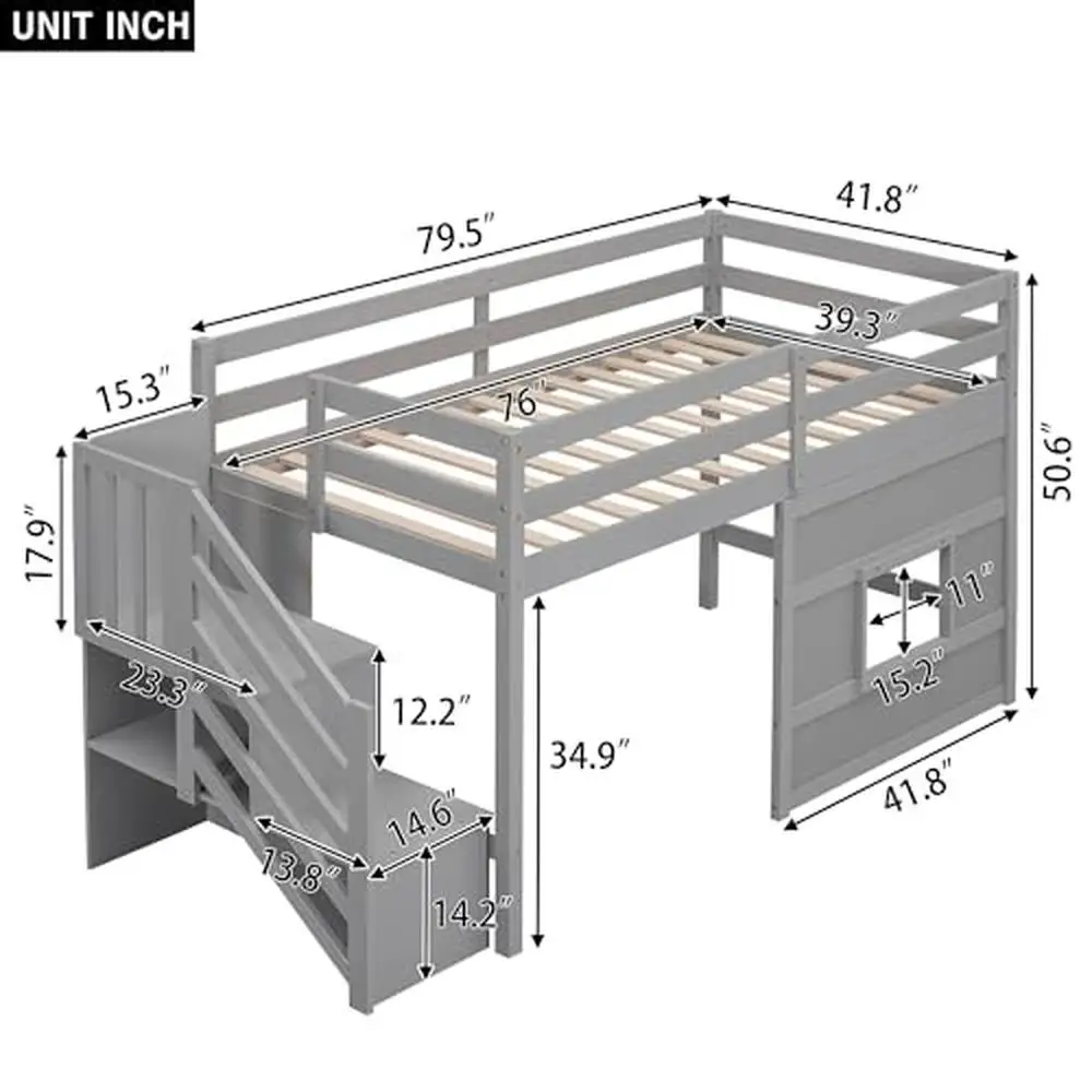 Twin Low Loft Bed Pine Wood Frame Gray 50'' High Staircase Storage Modern Design 300lb Capacity