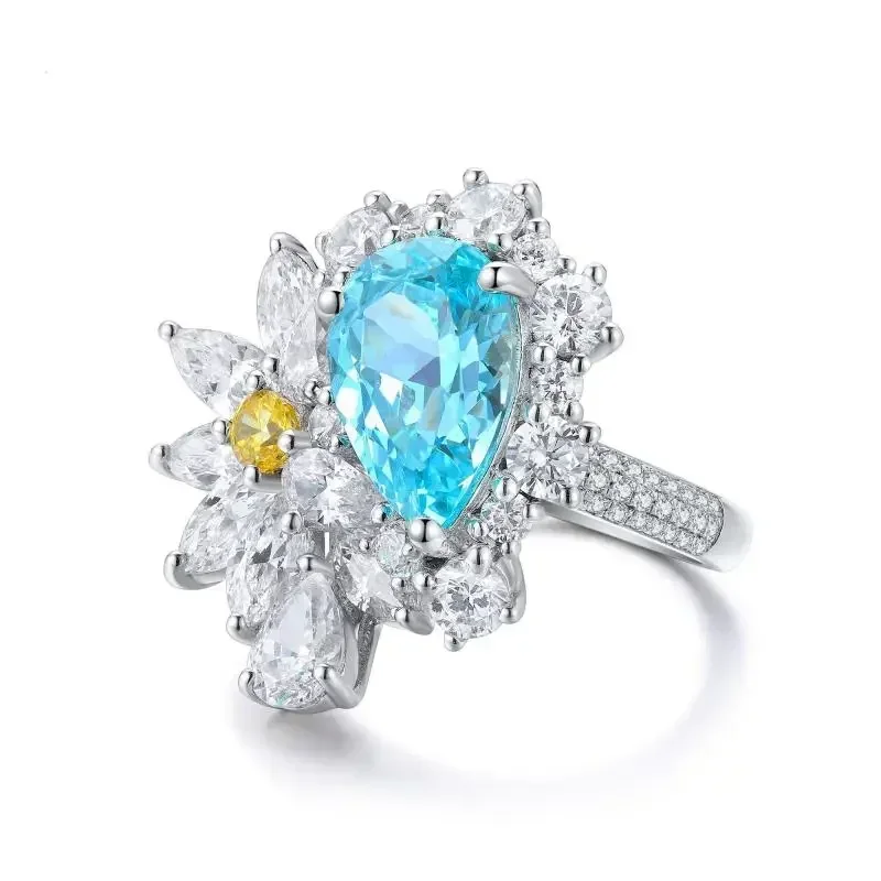 RUIF 2023 Best Sale S925 Silver 4.99ct Pear Shape Lab Grown Paraiba Sapphire Ring Jewelry Engagementring Women