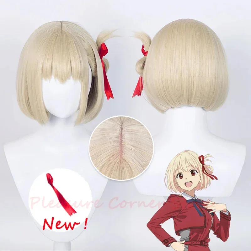 

Lycomis recoil nishikigi Chisato cosplay wig 30cm short light golden heat resistant synthetic wigs ribbon